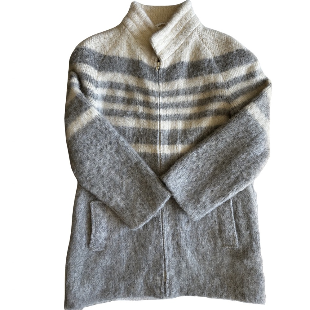 Vintage Icelandic Wool Jacket Gray Nordic Stripe Zip Sweater Coat Womens L Hilda